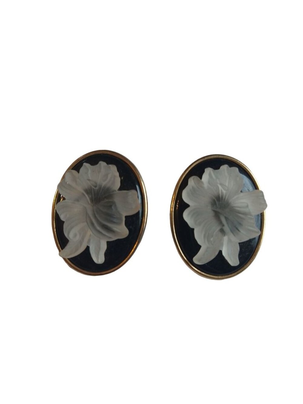 Vintage Black with Clear Flower Earrings Gold Back Estate Jewelry